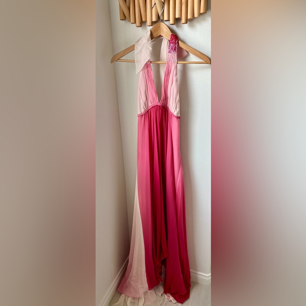 BCBG maxazaria chiffon long pink hombre halter dress.